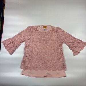 Ruby Rd. Crochet Blouse Top Women's Large Pink Lined Bell Sleeve Round Neck